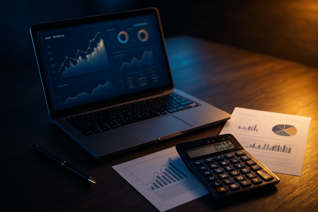 Ordinateur et calculatrice pour estimer le budget d'une prestation SEO